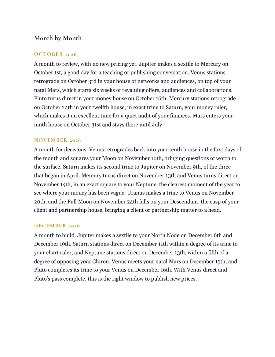 The calendar of a Career and Money reading, month by month with dates
