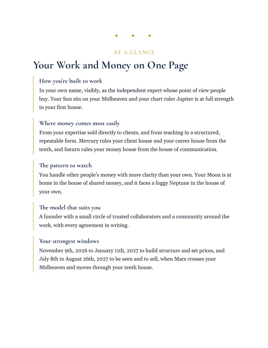 The summary page of a Career and Money reading, your work and money on one page
