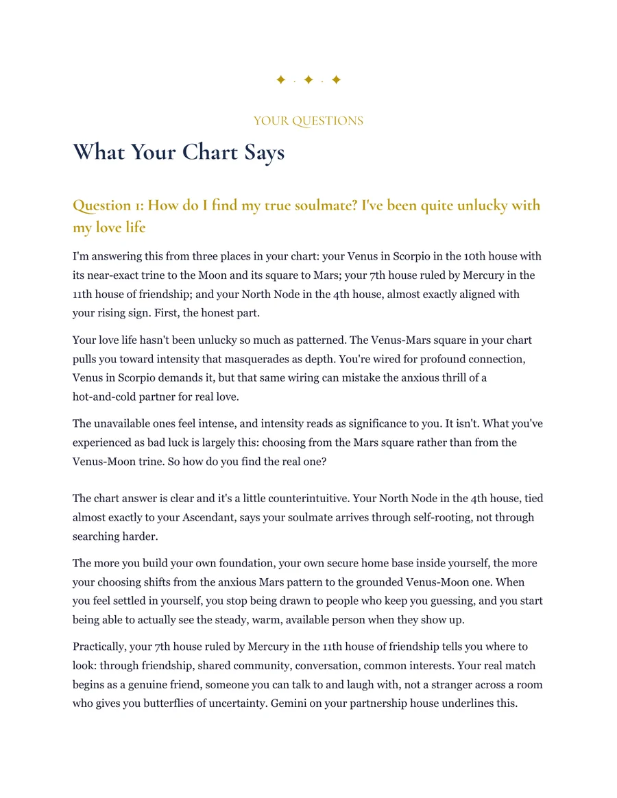 The questions section of the sample reading, answering how to find a true soulmate