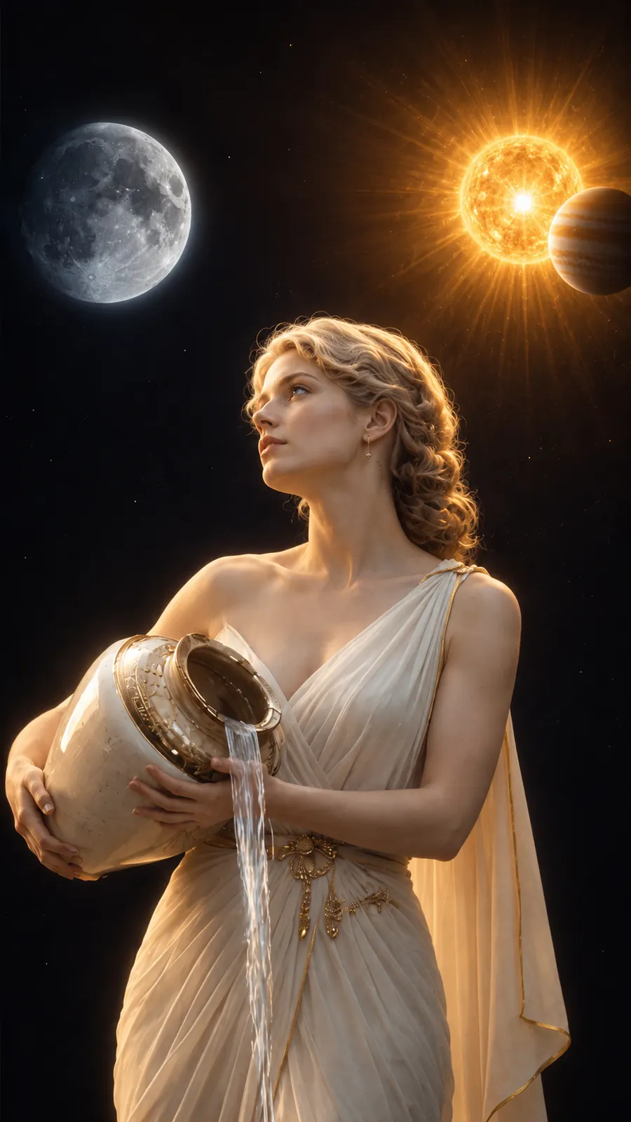 The Aquarius figure looking up at the Moon and the Sun
