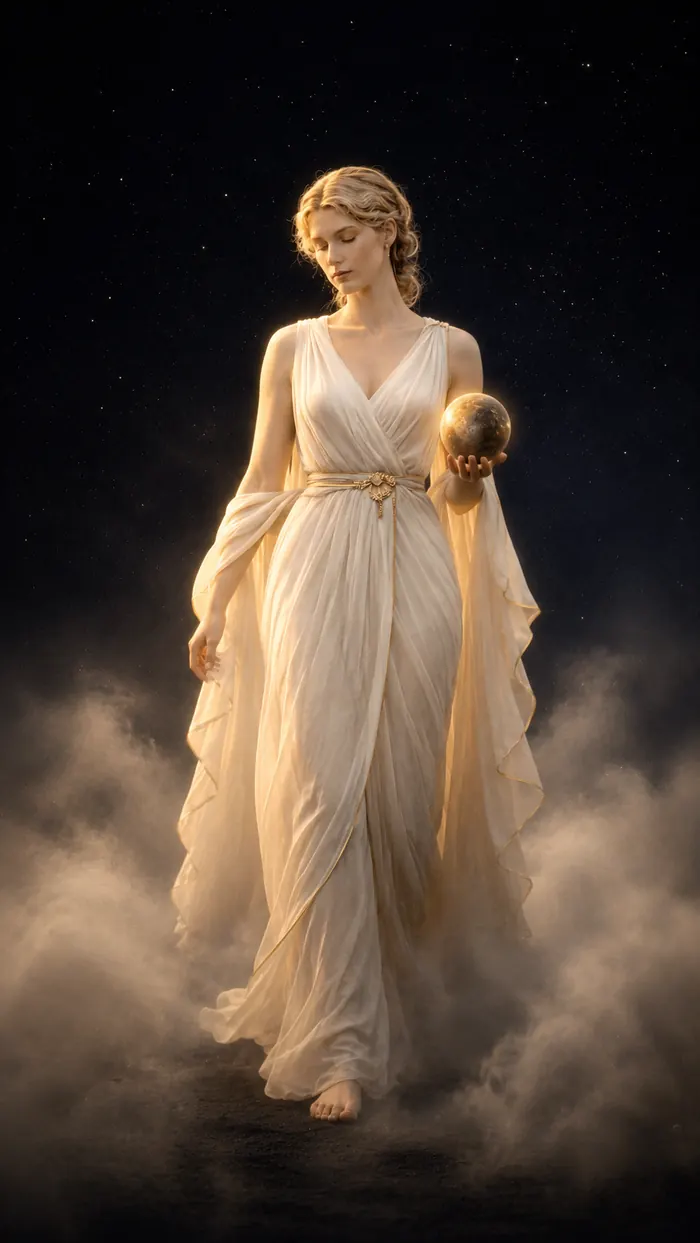 The Virgo figure standing in soft mist
