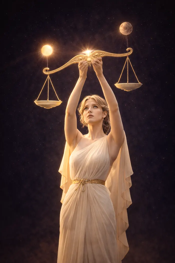 The Libra figure holding up golden scales with Venus shining above