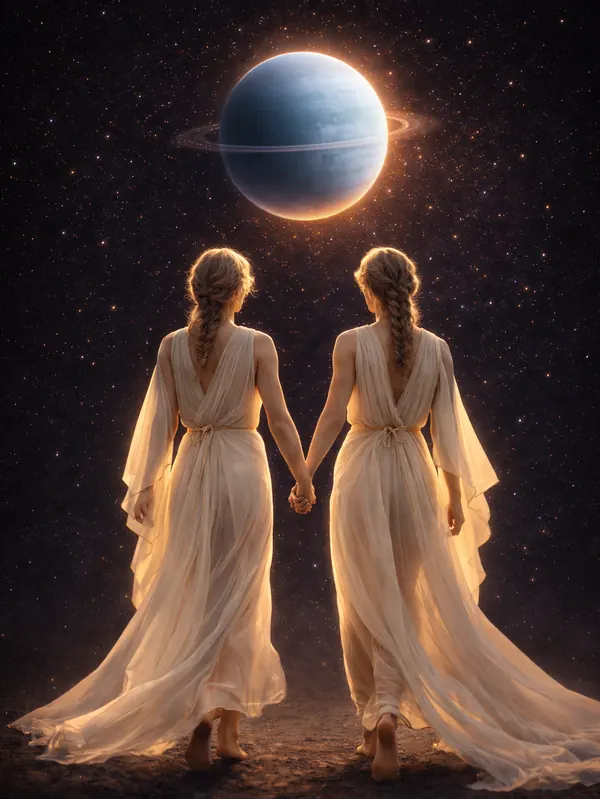 Two figures walking hand in hand toward a planet