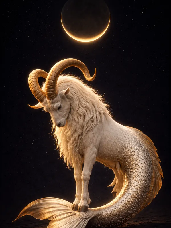 The Capricorn sea goat beneath a crescent Moon