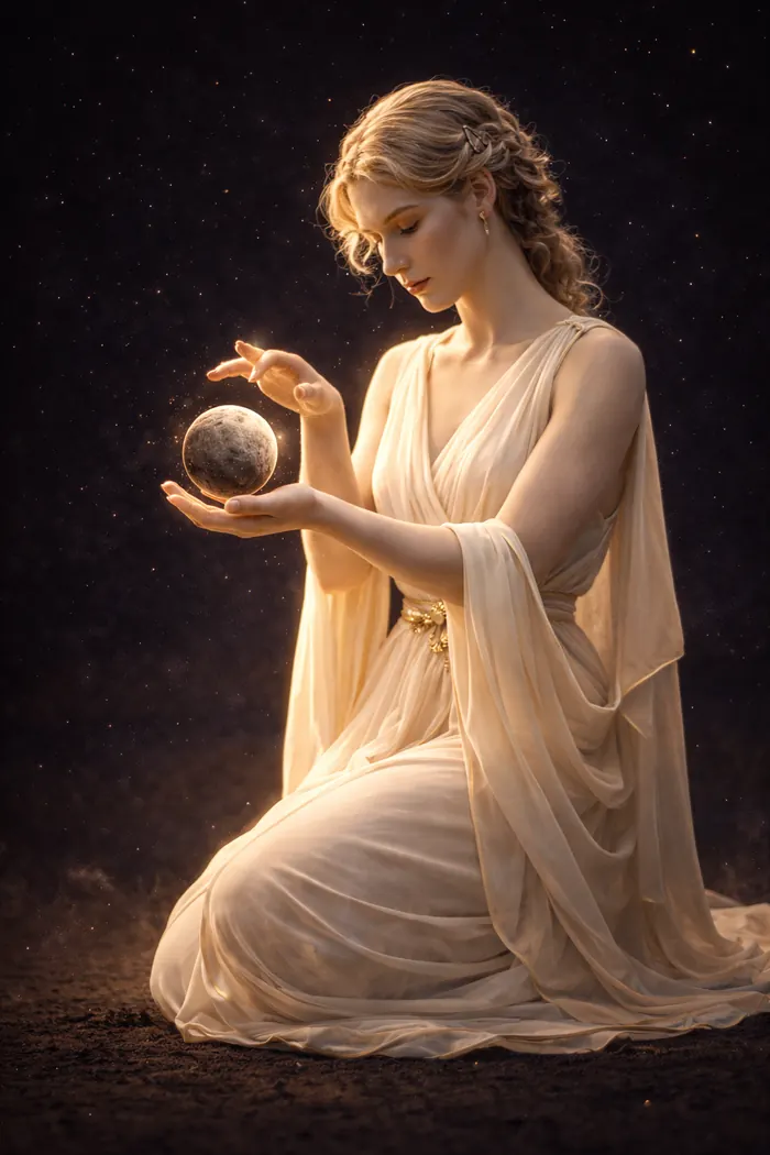 The Virgo figure kneeling, holding Mercury in her hands